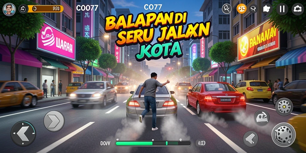 Tangkapan layar gameplay COO77 menampilkan balapan di kota yang mendebarkan.