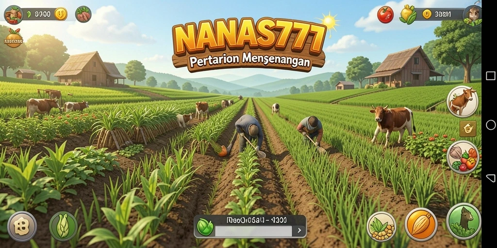Screenshot gameplay NANAS777 menampilkan kebun yang subur dan aktivitas bertani.