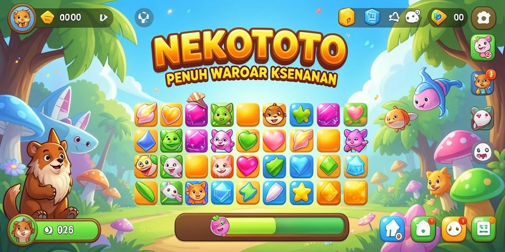 Screenshot gameplay NEKOTOTO dengan tampilan warna-warni yang ceria.